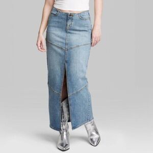 WILD FABLE Mid-Rise Chevron Denim Maxi Skirt Sz 0 Long‎ Blue Jean Slit Skirt NWT